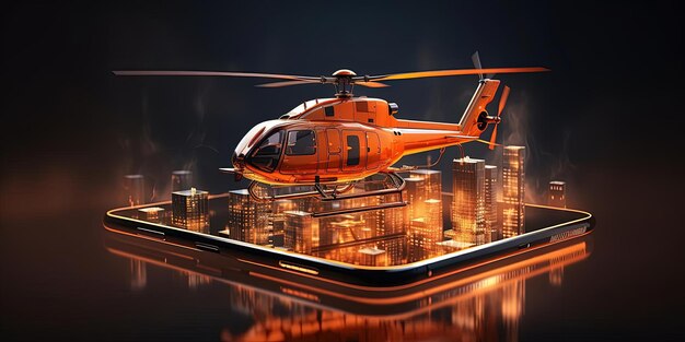 Photo an orange helicopter reflected as light in the style of aggressive digital illustration