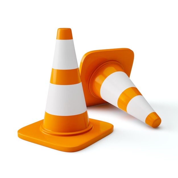 Orange highway traffic construction cones with white stripes isolated on white