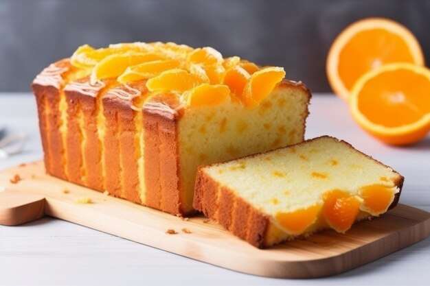 Orange homemade pound cake Moist loaf with orange zest on bright background Generative AI illustration