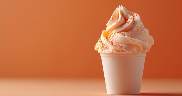 A orange ice cream scoop in cup in a clean peach backdrop with a big copy space Generative AI