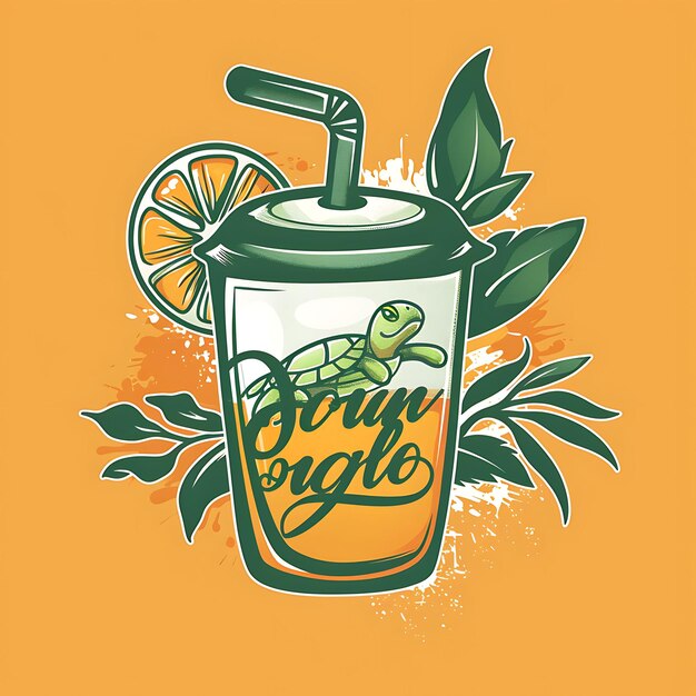 Photo orange iced tea logo with an orange and a jungle turtle typo creative idea tattoo ink cnc concept