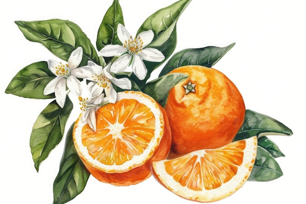 Foto illustrazione acquerello disegnato a mano di frutta di agrumi fresca con fiori e foglie arancione