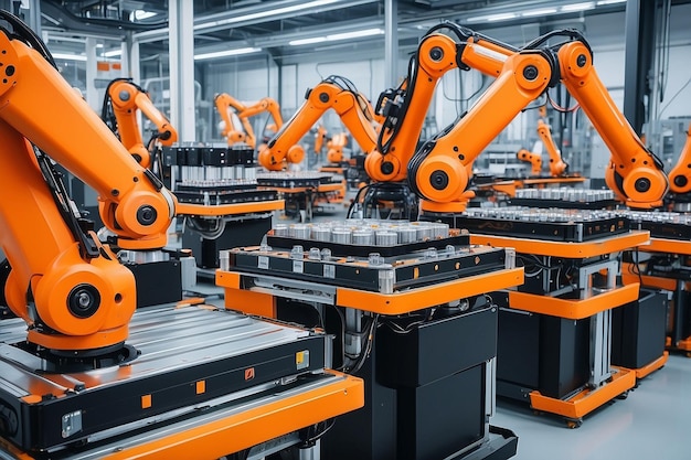 Photo orange industrial robot arms assemble ev battery pack on automated production line