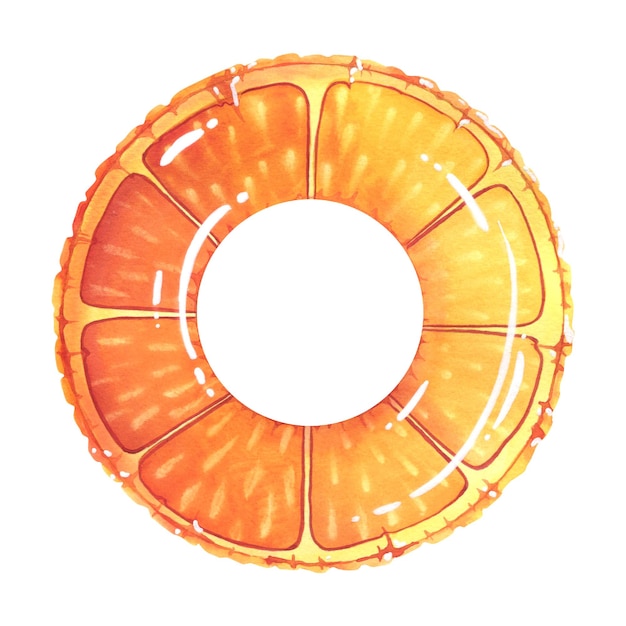 Orange inflatable ring for swimming in the sea lake or pool with orange slice print Watercolor illustration hand drawn Isolated object on a white background for beach summer stickers prints