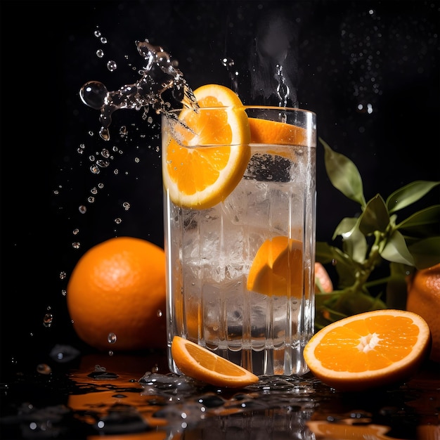 Orange infused water on black background