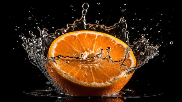 오렌지가 물 그릇에 떨어지고 있습니다.