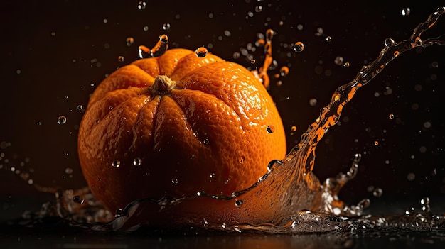 Апельсин падает в брызги воды.