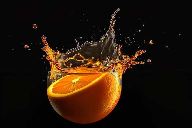 An orange is being dropped into a splash of water.