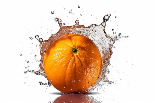 An orange is being dropped into a water splash.