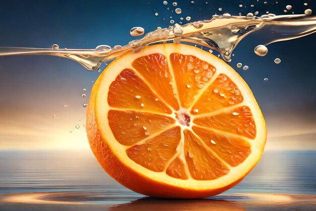 An orange is being dropped into a water splash.