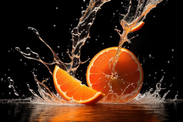 An orange is being dropped into a water splash.