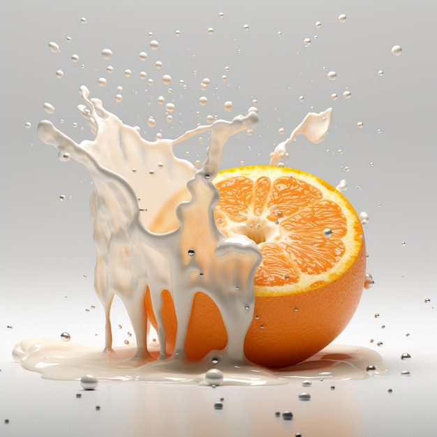 Photo an orange is being poured into a splash of liquid.