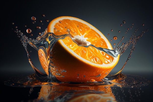 An orange is being sliced in half and water splashing around it generative ai