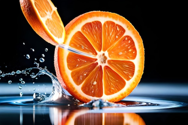 An orange is being sliced and is being splashed with water.