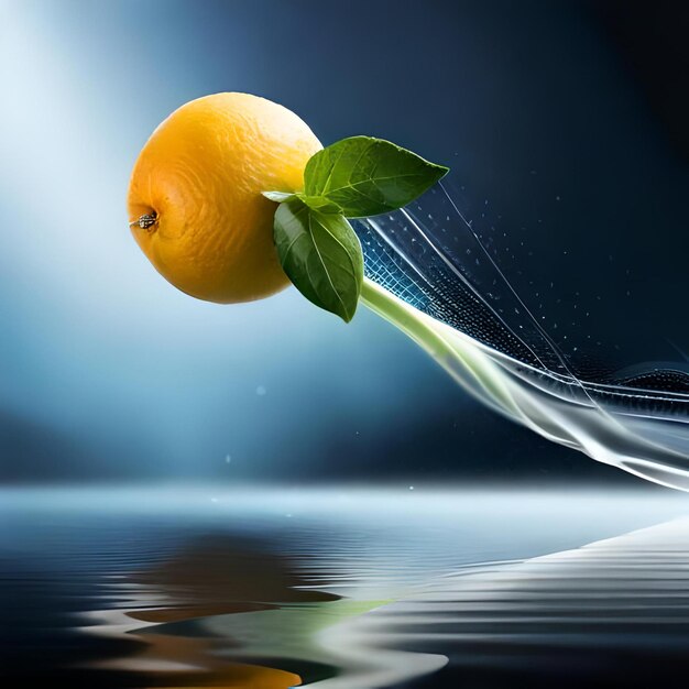 Foto un'arancia viene spruzzata con una foglia verde.