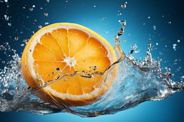 An orange is being splashed with water in the background