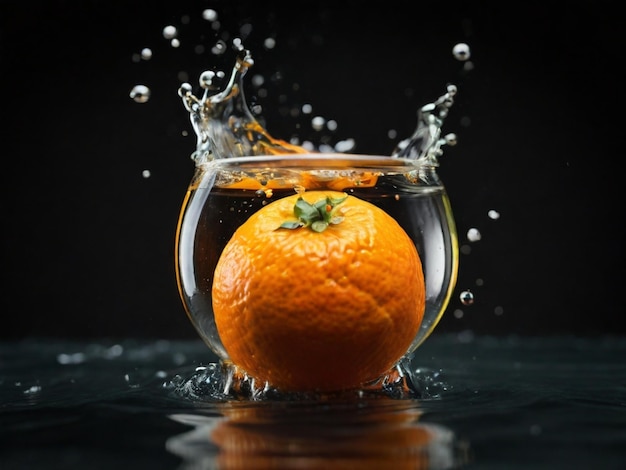 an orange is being splashed with water and a black background