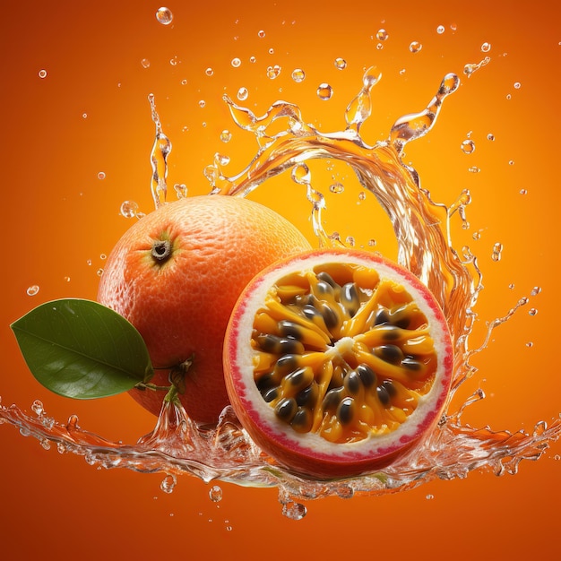 An orange is being splashed with a water droplet