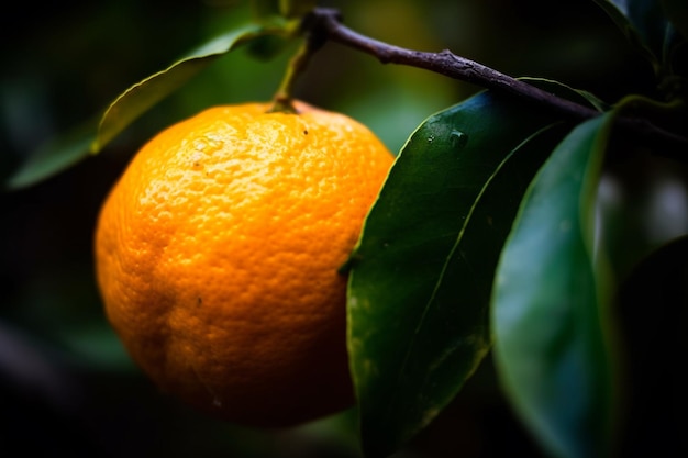 An orange is hanging on a tree with green leaves.