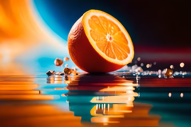 An orange is laying on a blue and orange surface.