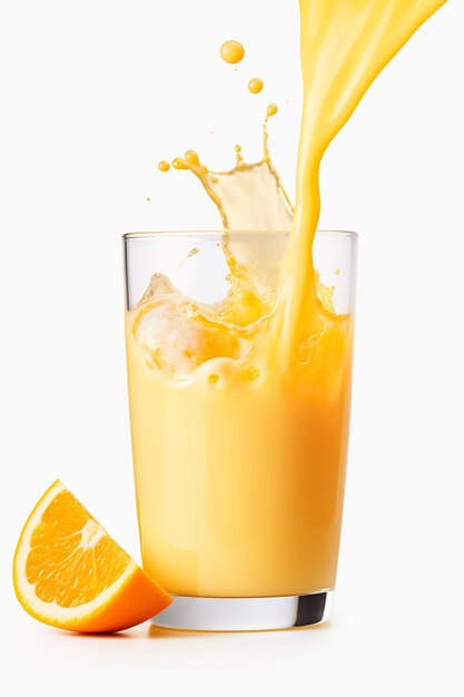 an orange is poured into a glass with orange juice