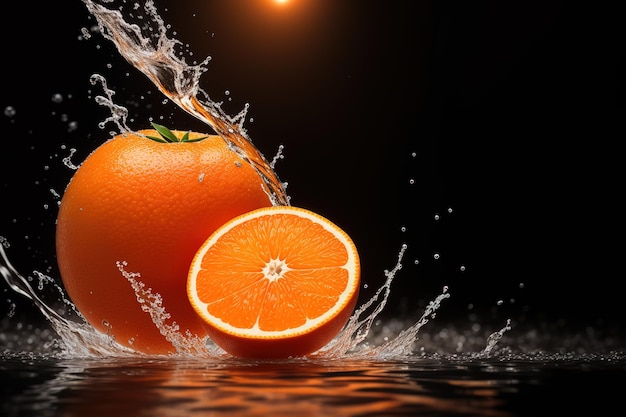 오렌지가 물에 튀고 공중으로 던져지고 있습니다.