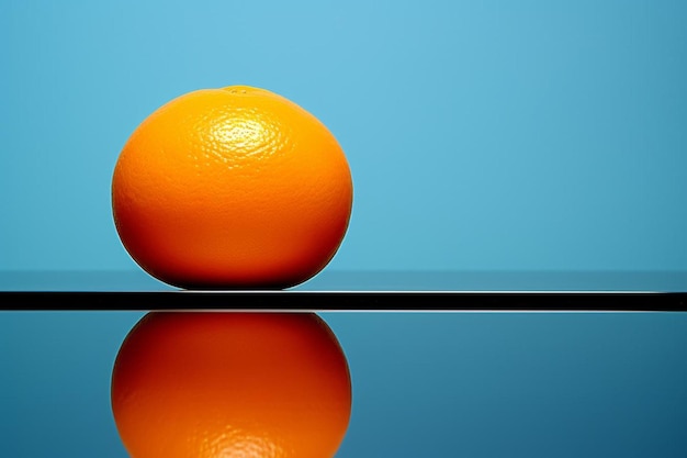 An orange is on a table with a blue background.