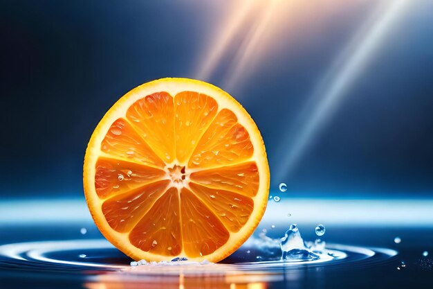 An orange is in a water drop with a blue background.