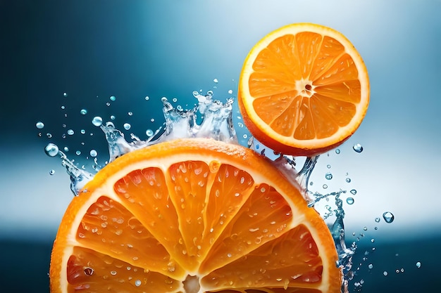 An orange is in the water with a splash of water.