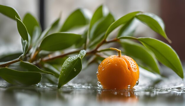 Photo an orange is on a wet surface with water drops