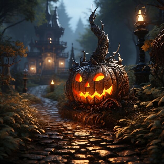 Photo an orange jackolantern shivers and chills in the forest