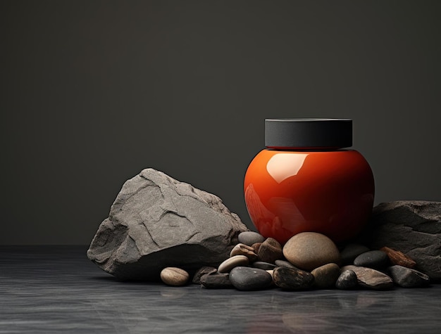 Photo an orange jar with a lid sits next to some rocks in the style of dark silver and red