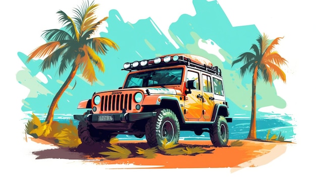 An orange jeep with a rack on top and a couple palm trees Generative AI Art