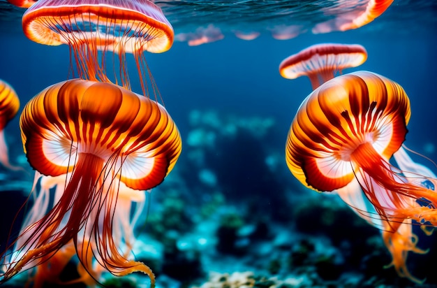바다의 푸른 물에서 헤엄치는 주황색 해파리 Generative AI