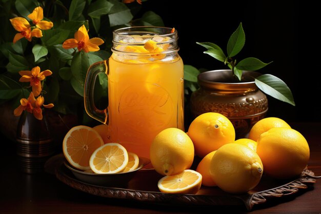 Orange juce in glass and jar with orange slices generative IA
