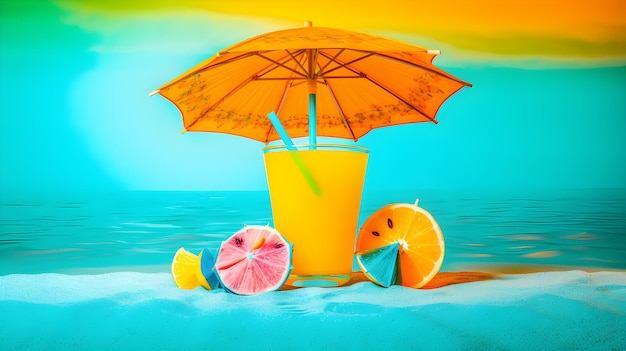 Orange juice on beach with umbrella and blue and orange sky background