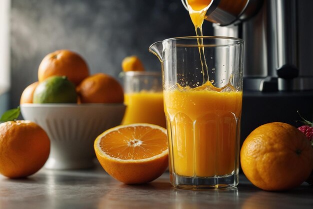 Orange juice being poured into a blender with oth