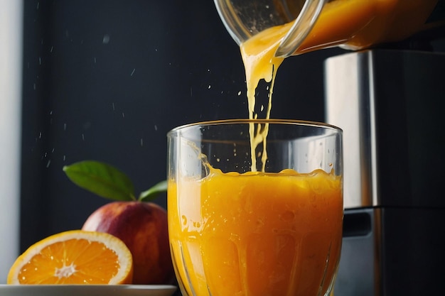 Orange juice being poured into a blender with oth