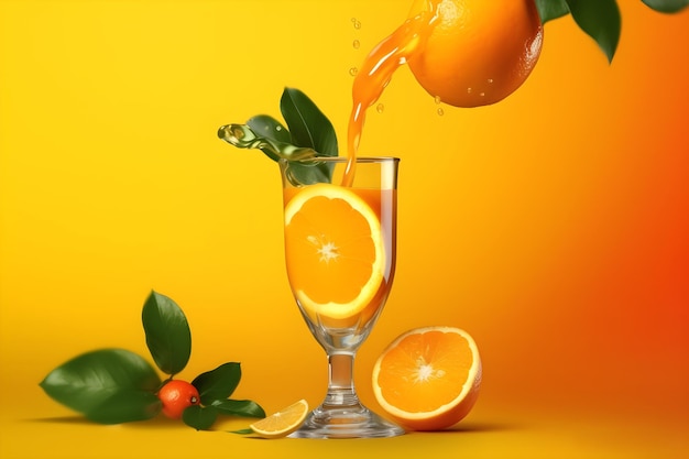 Orange juice being poured into a glass with leaves and oranges.