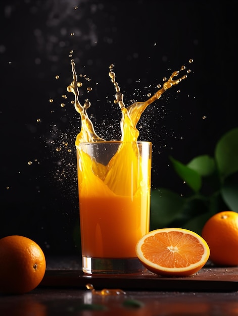 Orange juice being poured into a glass with splash Created with Generative AI technology