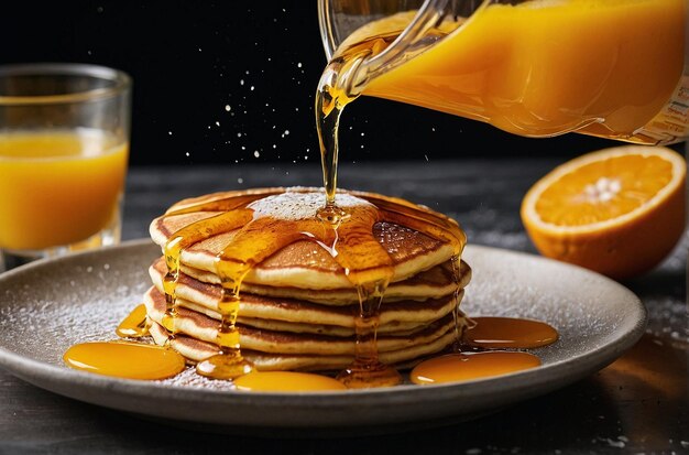 Orange juice being poured over a stack of pancakes