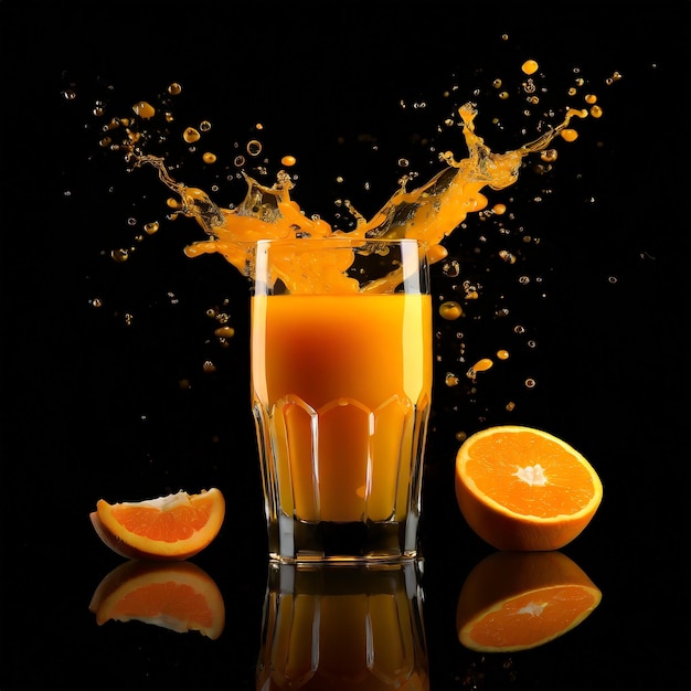 Photo orange juice on black reflective studio background