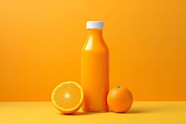 Photo orange juice bottle on orange background