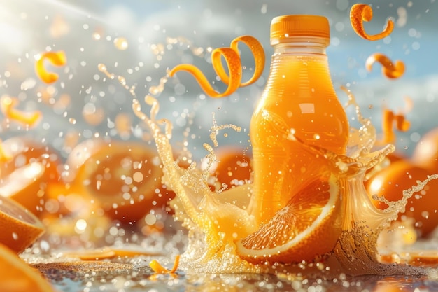 orange juice bottle with orange farm background