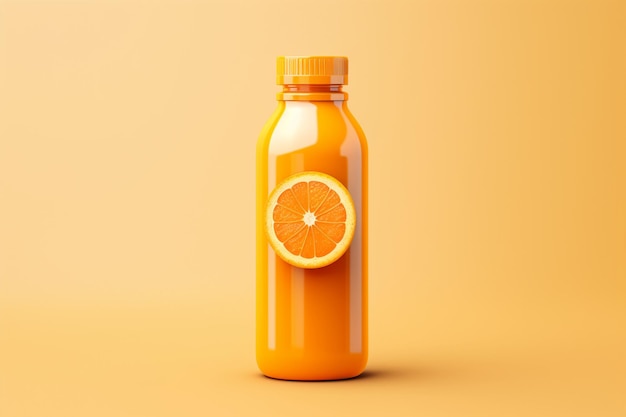 Foto bottiglia di succo d'arancia con fetta di arancia