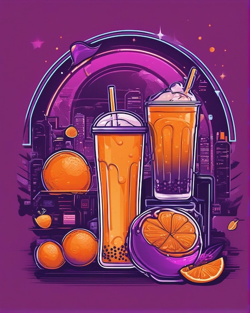 Photo orange juice details lost in bubble tea background tshirt design streetwear design professional vec