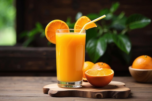 Orange juice drink on wood table photo