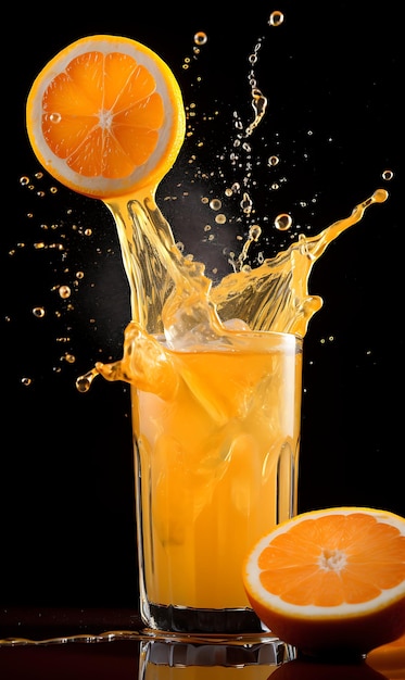 Orange juice and fresh oranges on a black background