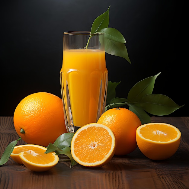 Orange juice and fresh oranges on a black background