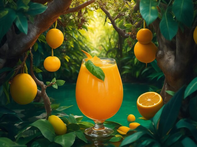 Orange juice in a glass on the background of green leaves and flowers